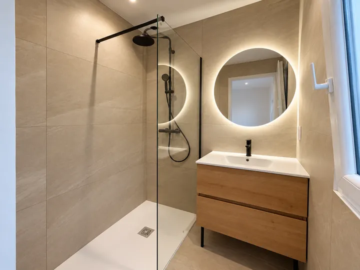 Salle de bain beige et bois